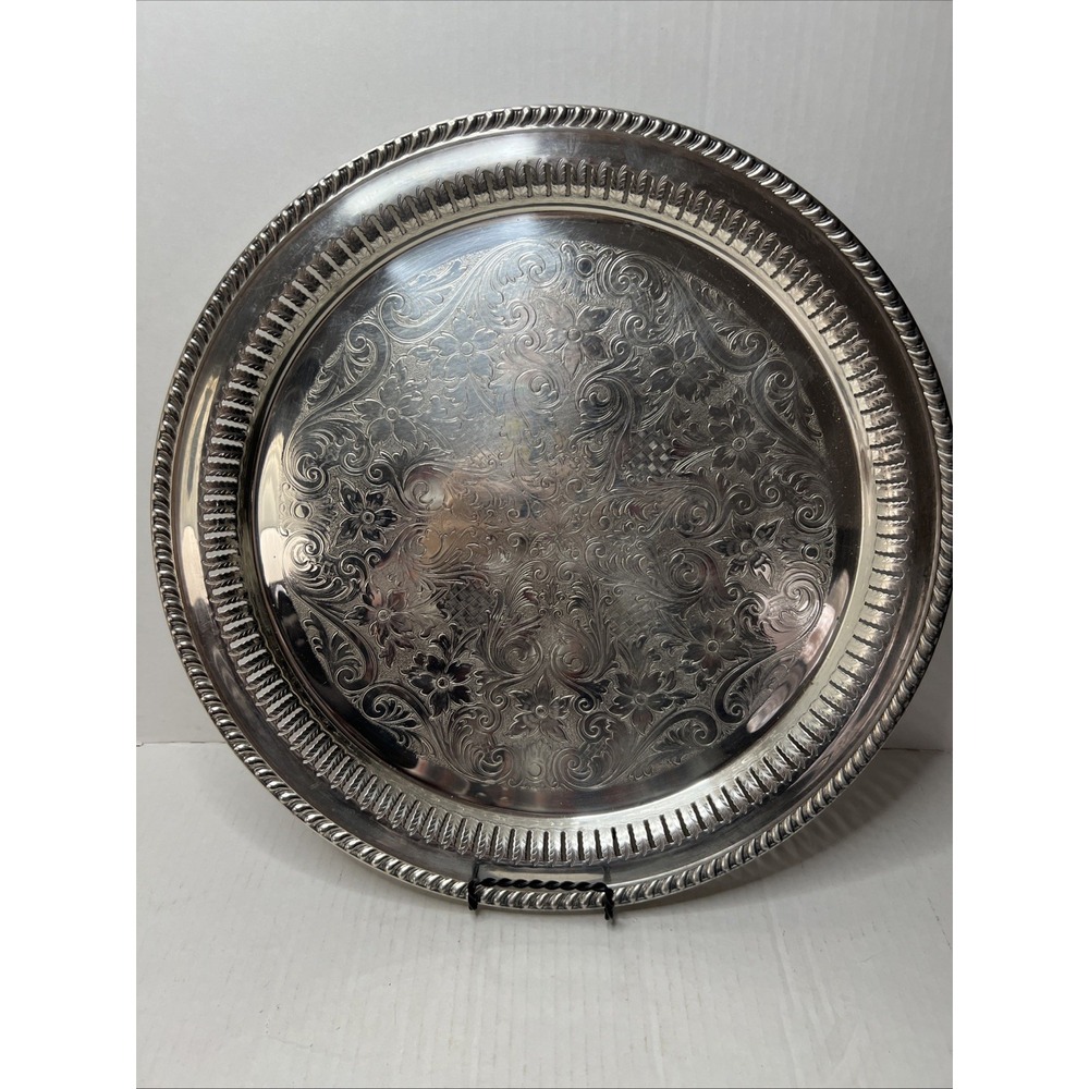 Vintage Academy Silver on Copper Etched Floral 14 1/2" Round Tray Silverplate